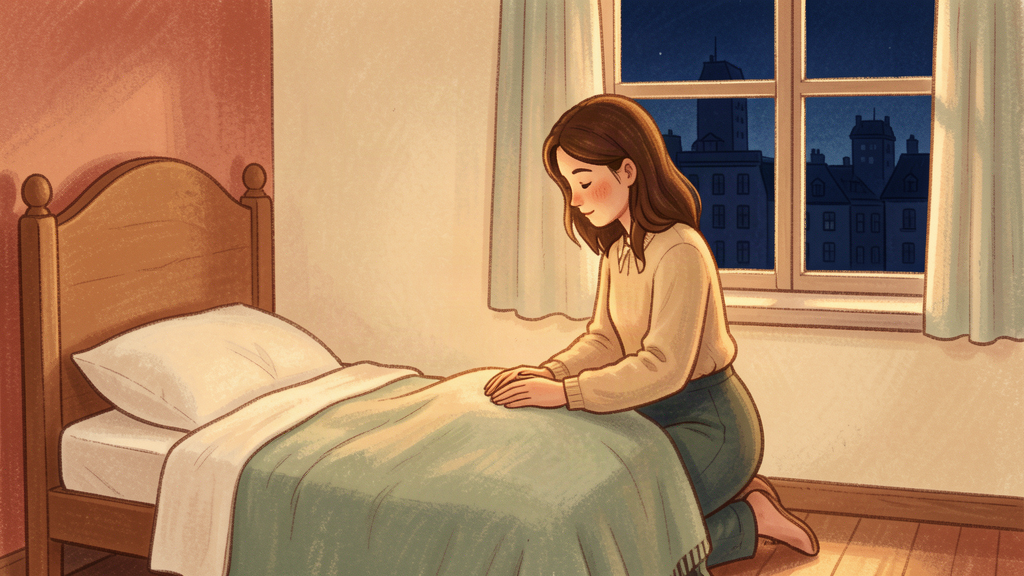 Mujer arrodillada junto a la cama al amanecer