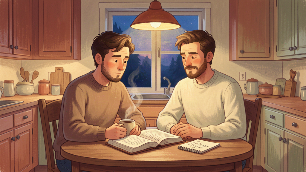 Hombre en la mesa de la cocina antes del amanecer con Biblia abierta y cuaderno