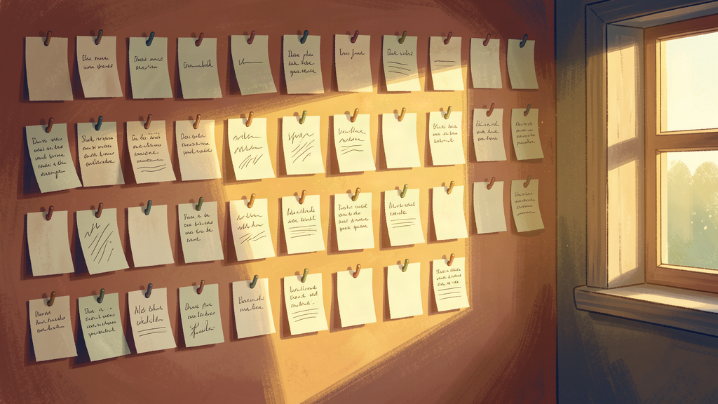 Pared cubierta de tarjetas de oración escritas a mano bajo la luz de la mañana