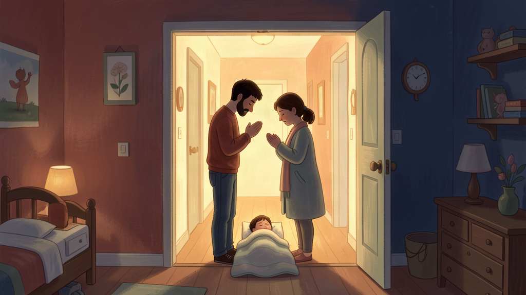Padres orando en la puerta del cuarto de un hijo dormido