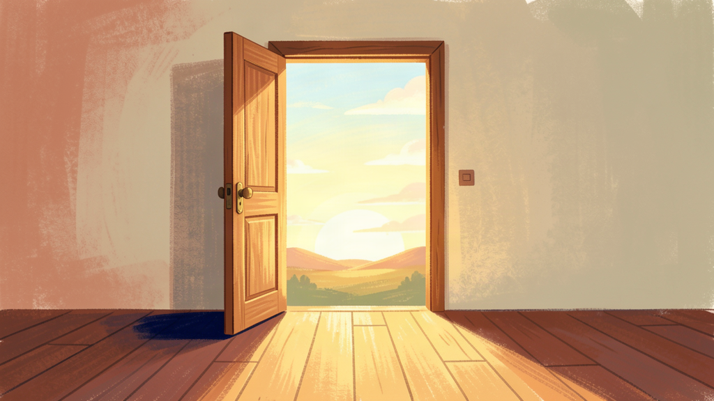 Una puerta abierta con el amanecer detrás
